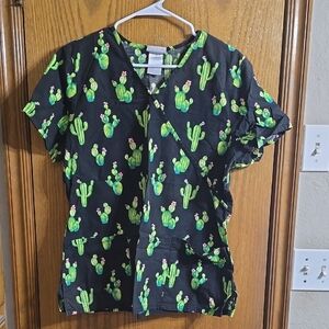 Scrubstar Cactus Print V-Neck Top - Black and Green